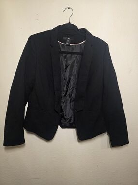 H&M Black Cropped Blazer Open Front Lightweight Jacket Size 12